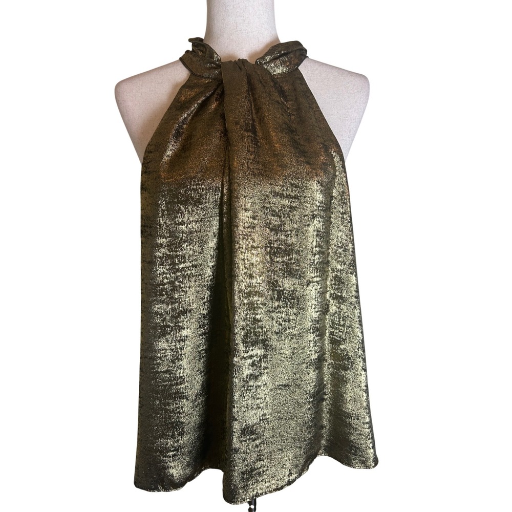 DO + BE Halter Top Women Large Gold Metallic Bow Back Sleeveless Party